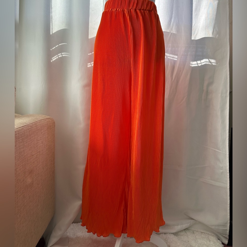 Orange Plisse Wide Leg Pants